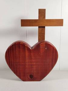 lot 117 image: Handcrafted Wooden Heart and Cross Decorative Art