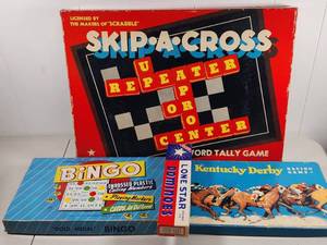 lot 128 image: Lot of 4 Classic Board Games - Skip-A-Cross, Bingo, Kentucky Derby Racing Game & Lone Star Dominoes