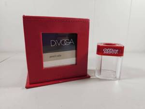 lot 130 image: DiVoga Red Faux Leather Pencil Cube Holder with Office Depot Paper Clip Jar