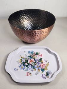 lot 191 image: Hammered Copper-Tone Metal Bowl and Floral Metal Tray Set