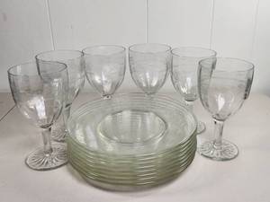 lot 213 image: Etched Floral Clear Glass Wine Goblets and Salad Plates Set