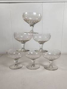 lot 215 image: Set of 6 Etched Clear Glass Champagne Coupe Glasses