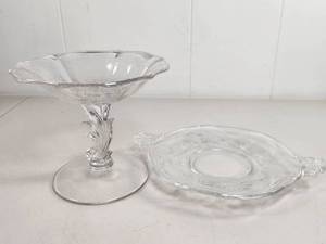 lot 216 image: Etched Floral Glass Compote and Handled Plate Set