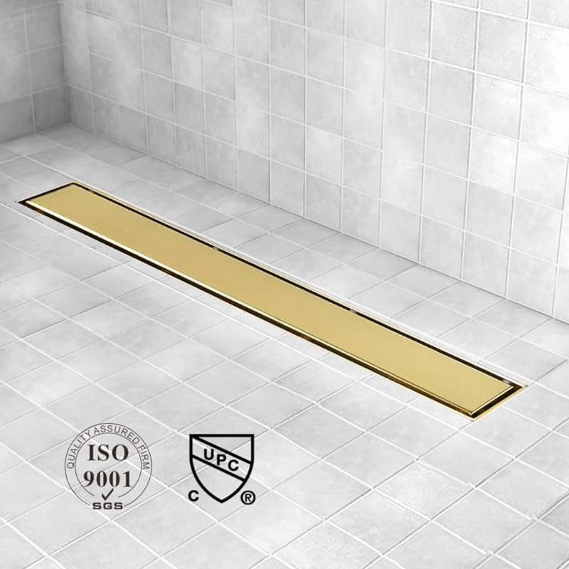 lot 15 image: Linear Shower Drain, 40 inch Gold Drain with Tile Insert 2-in-1 Panel, Brushed 304 Stainless Steel Gold Shower Floor Drain, Linear Drain with Hair Strainer and Adjustable Feet Contains shipping blemishes see images