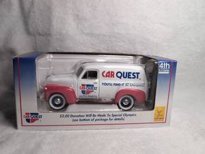 lot 2703 image: CarQuest Auto Parts 1952 Chevy Panel Delivery Die-Cast Coin Bank by SpecCast