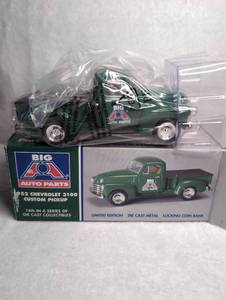 lot 3109 image: Big A Auto Parts 1952 Chevrolet 3100 Custom Pickup Die Cast Coin Bank