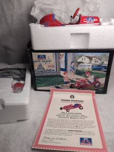 lot 3111 image: Crown Premiums Big A Auto Parts 1947 BMC Racer Pedal Car Bank 16 Scale