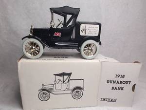 lot 3500 image: ERTL 1918 Ford Model T Runabout Die-Cast Metal Bank - Ace Cotton Club Edition