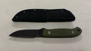 lot 25 image: Double X Knives Bush Baby - Fixed Blade Knife with D2 Steel Blade and OD Green G10 Handle with Nylon Sheath approx 6.5 inches DP60