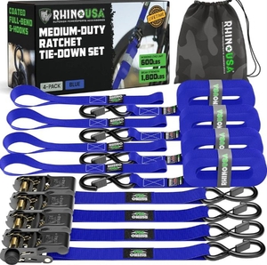 lot 552 image: Rhino USA Ratchet Straps Tie Downs (4-Pack) - 1 Inch x 15 Feet (1,823lb Break Strength) - Ultimate Tie Down Straps with Safety S Hooks - for Trucks, Cargo, Moving, Appliances - Blue DP60