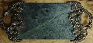 lot 561 image: Green Marble Serving Tray with Ornate Grape Vine Metal Handles. DP60