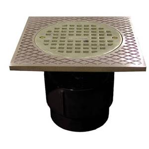 lot 15803 image: 3 in. x 4 in. ABS Pipe Fit Drain Base with 3-12 in. IPS Plastic Spud, 5 in. Nickel Bronze Strainer and 7 in. Square Top