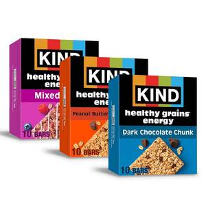 lot 3973 image: KIND Healthy Grains Energy Bars Variety Pack, Gluten Free, Healthy Snacks, Dark Chocolate Chunk, Peanut Butter Dark Chocolate, Mixed Berry, 18-21g Whole Grains, 30 Count. BB JAN 2026