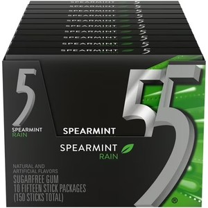 lot 3988 image: 5 Gum Spearmint Rain Sugar Free Chewing Gum, 15 Pieces (Pack of 10 - 150 Pieces) BB MAR 2026