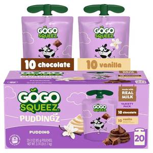 lot 4008 image: GoGo squeeZ PuddingZ Variety Pack, On-the-Go Chocolate and Vanilla Pudding Snack, 3 oz. Pouches (Pack of 20), BPA Free Pouches BB NOV 2026