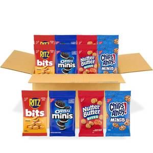 lot 4019 image: OREO Minis Cookies, CHIPS AHOY Minis Cookies, Nutter Butter Bites & RITZ Bits Cheese Crackers Variety Pack, 15 Snack Packs. BB FEB 2026