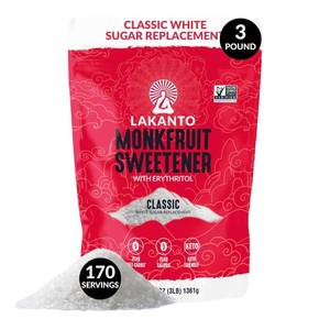 lot 4076 image: Lakanto Monk Fruit Sweetener with Erythritol, White Sugar Substitute, Monkfruit Extract, Classic White Sugar Replacement for Coffee & Tea, Baking, Gluten Free, Low Carb, Non GMO, Keto (3 lb) BB SEPT 2028