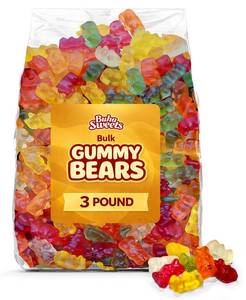 lot 4077 image: Bulk Gummy Bears 3 Pound Bag   Soft, Chewy Gummy Candy in Assorted Fruity Flavors and Colors, Perfect for Parties, Snacks, Candy Buffets, and Treat Bags. MAY 2026