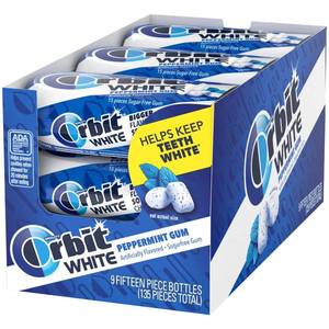 lot 4083 image: Orbit White Peppermint Sugarfree Gum 15 Piece 9 ct. BB OCT 2025.