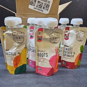 lot 4134 image: Serenity Kids 6 Months Pureed Veggie Baby Food Pouches - USDA Organic Baby Food Stage 1 Puree - Organic Allergen-Free Toddler Snacks - On-the-Go Toddler Pouches - 3.5 Oz, Pack of 8 BB JANFEBAPR 2027