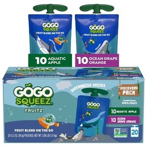 lot 4176 image: GoGo SqueeZ Applesauce and Fruit Puree Discovery Variety Pack Arctic Apple and Glacier Grape Orange Pouches - 64oz20ct. BB JULY 2026