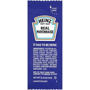 lot 4179 image: Heinz Mayonnaise Single Serve Packages, 0.42 Oz, Pack of 200. BB MAY 2026