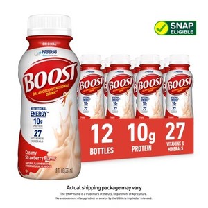 lot 4193 image: BOOST Original Nutritional Drink, Creamy Strawberry, 10 g Protein, 12 Pack - 8 fl oz Cartons BB JUN 2026