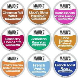 lot 4200 image: Mauds Flavored Coffee Pods Variety Pack, 40 ct, 9 Assorted Flavors, Medium Roast Flavored Coffee in Single Serve Pods   100% Arabica Beans, Compatible with Keurig K Cups Maker. BB NOV 2027