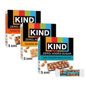 lot 4210 image: Kind Zero Added Sugar Healthy Snacks Bars Variety Pack, Gluten Free, High Fiber, Keto Snacks, Dark Chocolate Nuts & Sea Salt, Caramel Almond, Peanut Butter Dark Chocolate, 5g Protein, 15 Count. BB OCT 2026