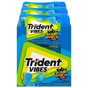 lot 4234 image: Trident Vibes Sour Patch Kids Blue Raspberry Sugar Free Gum, 6 - 40 Piece Bottles (240 Total Pieces). BB NOV 2024