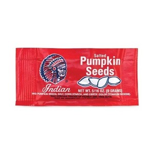 lot 4238 image: Indian Salted Pumpkin Seeds - Case of 1 - 36 pouches, 0.31 oz.  No printed expiration or best-by date.