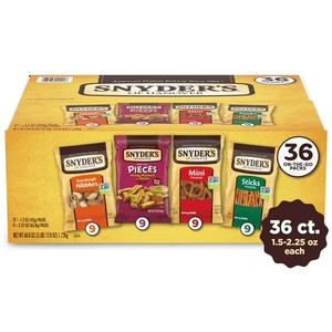 lot 4291 image: Snyders of Hanover, Variety Pack Pretzels, Individual Packs, 4 Flavors, 36 Ct. BB JUN 2026