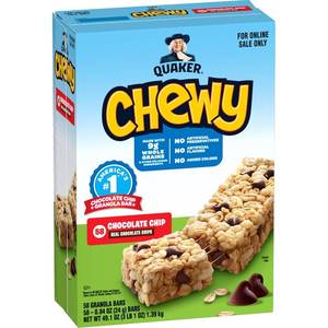 lot 4296 image: Quaker Chewy Granola Bars, Chocolate Chip, 58 Count - Packaging May Vary. BB MAY 2026