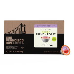 lot 4315 image: San Francisco Bay Decaf K-Cup Coffee Pods, Decaf French Roast (80 ct), Dark Roast, Commercially Compostable Single-Serve Coffee Pods, Swiss Water Process. BB JAN 2027