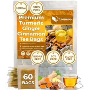 lot 4322 image: Lot of 2, Premium Turmeric Ginger Cinnamon Tea Bags  100% Natural Hand-made Blend ginger tea  Ginger Turmeric Herbal Tea  No Sugar, No Caffeine, No Gluten, Vegan (60 Bags) BB JAN 2026