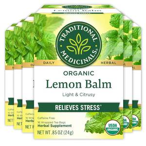 lot 4354 image: Traditional Medicinals - Organic Lemon Balm Herbal Tea (6 Pack) - Stress Relief & Supports Digestion - 96 Tea Bags Total. BB MAR 2026
