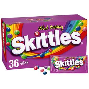 lot 4358 image: Skittles Wild Berry Fruity Chewy Candy Full Size Bulk Pack 2.17 oz., 36 ct.. BB JAN 2024