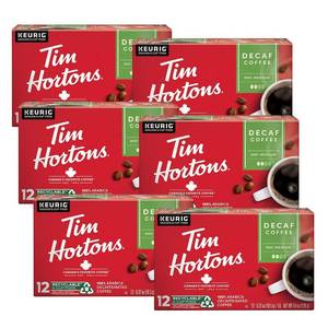 lot 4384 image: Tim Hortons Decaf, Medium Roast Coffee, Single-Serve K-Cup Pods Compatible with Keurig Brewers, 12 Count (Pack of 6), Red. BB FEB 2027