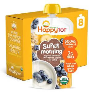 lot 4387 image: HAPPYTOT Organics Stage 4 Baby Food Pouches, Gluten Free, Super Morning Fruit & Oat Blend, Bananas, Blueberries, Yogurt, Oats & Chia, 4 Oz (Pack of 8). BB MAY 2026