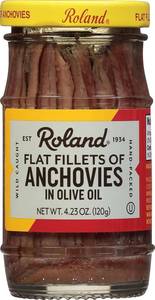 lot 4390 image: Roland Foods Flat Fillets of Anchovies in Olive Oil, Specialty Imported Food, 4.23 Ounce Jar, Pack of 6. BB MAR 2026