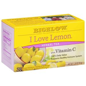 lot 4493 image: Bigelow Tea I Love Lemon with Vitamin C Herbal Tea, Caffeine Free Tea , 20 Count Box (Pack of 6), 120 Total Tea Bags. BB AUG 2024