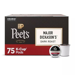 lot 4499 image: Peets Coffee Dark Roast K-cup Pods, Major Dickasons Blend, 75 ct .  No printed expiration or best-by date.
