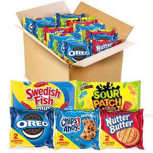 lot 4500 image: OREO, CHIPS AHOY, Nutter Butter, SOUR PATCH KIDS & SWEDISH FISH Candy & Cookies Variety Pack, 40 Snack Packs. BB MAR 2026