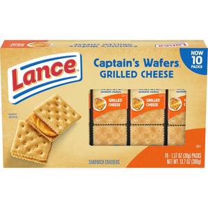 lot 4517 image: Lance Sandwich Crackers, Captains Wafer Grilled Cheese, 10 Individual Packs, 6 Sandwiches Each. BB AUG 2023