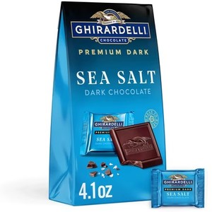 lot 4550 image: Lot of 2, GHIRARDELLI PREMIUM DARK Sea Salt Dark Chocolate SQUARES, 4.1 oz Bag. BB JUN 2025