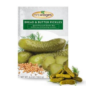 lot 4554 image: Lot of 2, Mrs. Wages Zesty Bread and Butter Pickles Quick Process Mix, Quick and Easy, Simple-To-Use, Sweet, Sour & Spice Flavor, Enhance Pickled Cucumbers, 6.2 oz Packet. BB JUN 2028