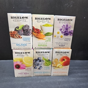 lot 4567 image: Bigelow Benefits Mixed Benefits Teas Variety Pack, 18 Count (Pack of 6), 108 Total Tea Bags. BB FEB 2025