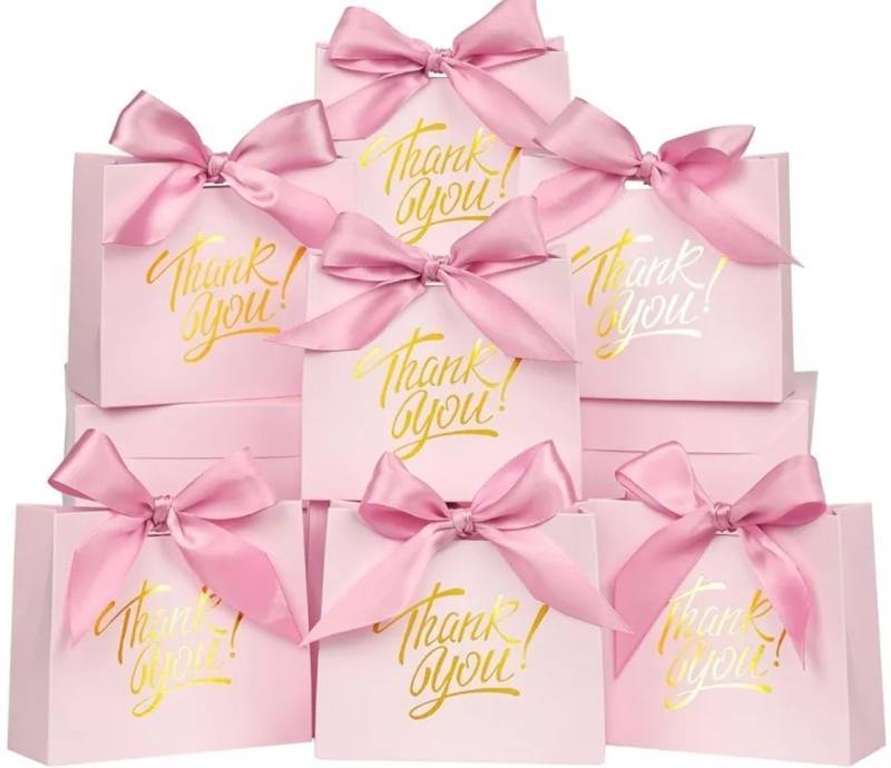 lot 37438 image: 60 Pack Small Thank You Gift Bags, 4.5x1.8x3.9 Inch Mini Gift Bags with Ribbon, Baby Shower Favor Bags, Pink Thank You Bags, Party Favor Bags for Candy, Wedding, Bridal Showers, Birthday - Retail $22