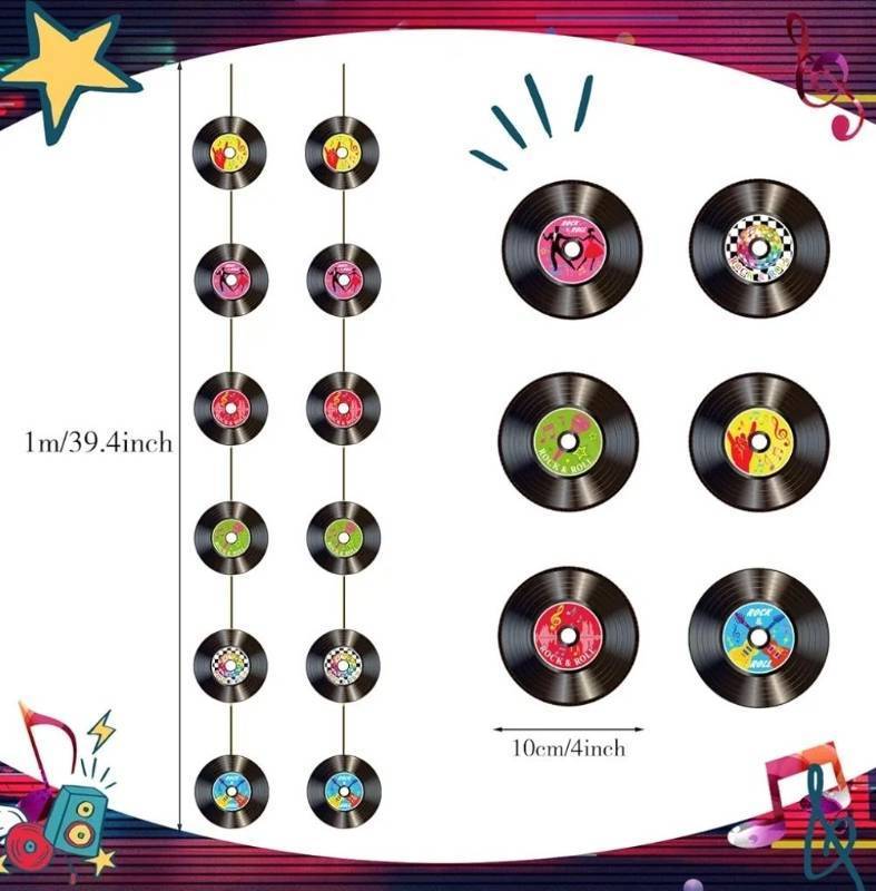 lot 37439 image: 8 Pieces Rock and Roll Party Decorations Retro Record Paper Garlands Vintage Themed Streamer Banners Hanging Decorations for 50s 60s 70s Music Birthday Party Supplies(Rock and Roll) - Retail $10