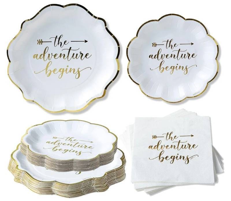 lot 37458 image: Kate Aspen The Adventure Begins Wedding Paper Plates and Napkins Set - 72 Piece Wedding Plates Disposable Party Tableware for 24 Guests - Bridal Shower Decorations, Engagement Party Decor - Retail $19